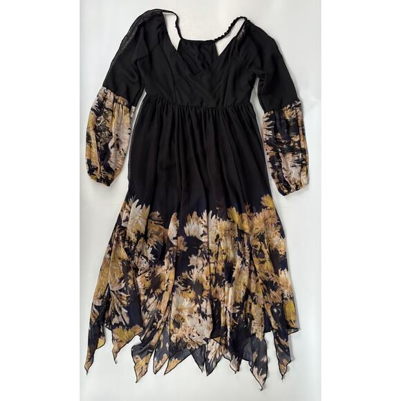 Black Gold Floral Dress Handkerchief Hem SMALL Boho Festival Whimsigoth Peasant - Picture 9 of 9